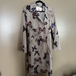 Clasna Ladies Packable Rain Trench Coat  with Butterflies Size Large EUC